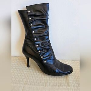 Lizudian ITALY Geniune Leather Elegant Black Stiletto Boots Animal Fleece Size 7